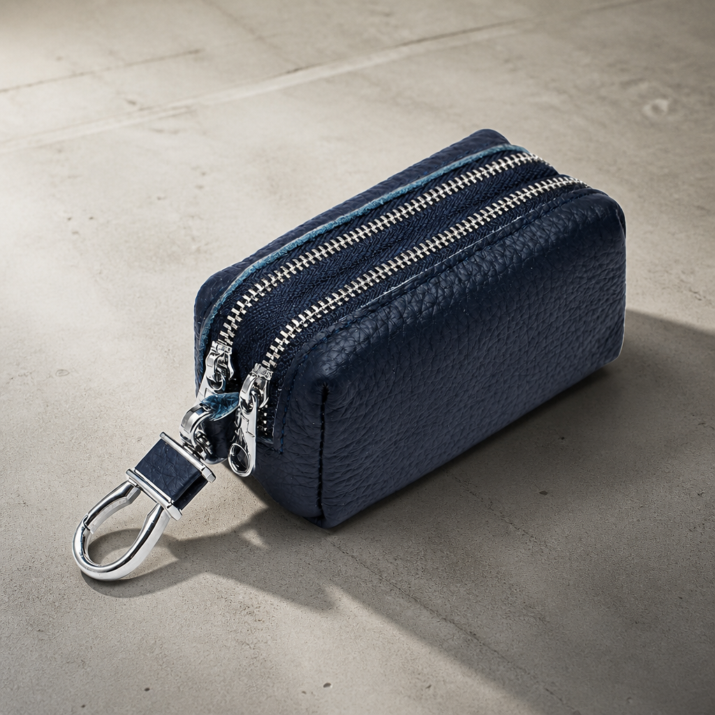 Porte-monnaie homme en cuir bleu marine, double zip