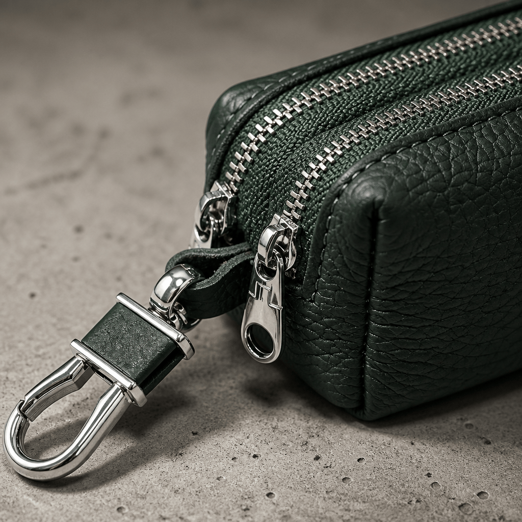 Mousqueton et grain du cuir du porte-monnaie vert