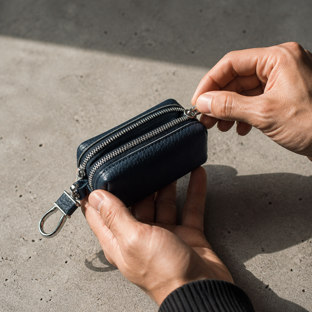 Homme ouvrant son porte-monnaie en cuir bleu à double zip