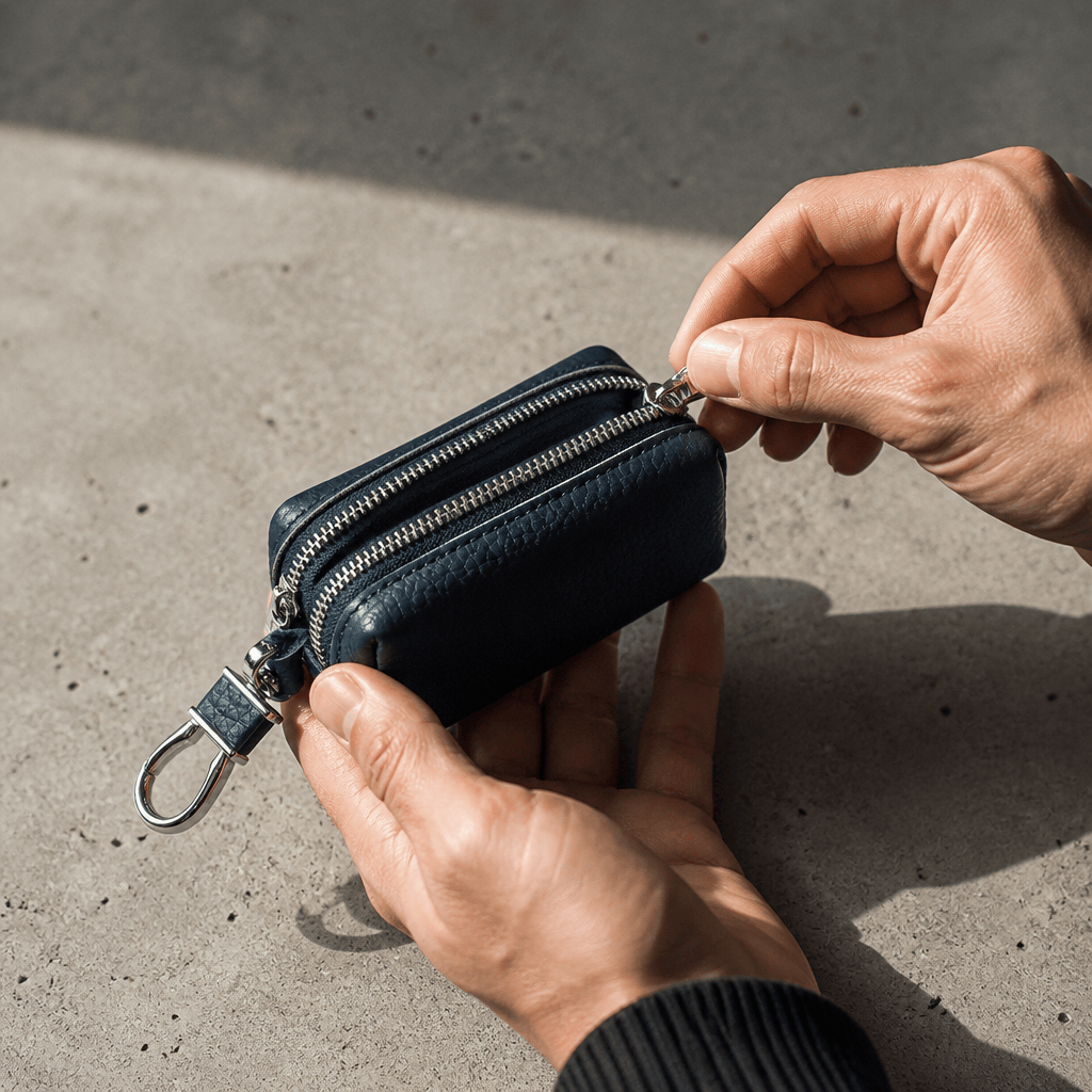 Homme ouvrant son porte-monnaie en cuir bleu à double zip