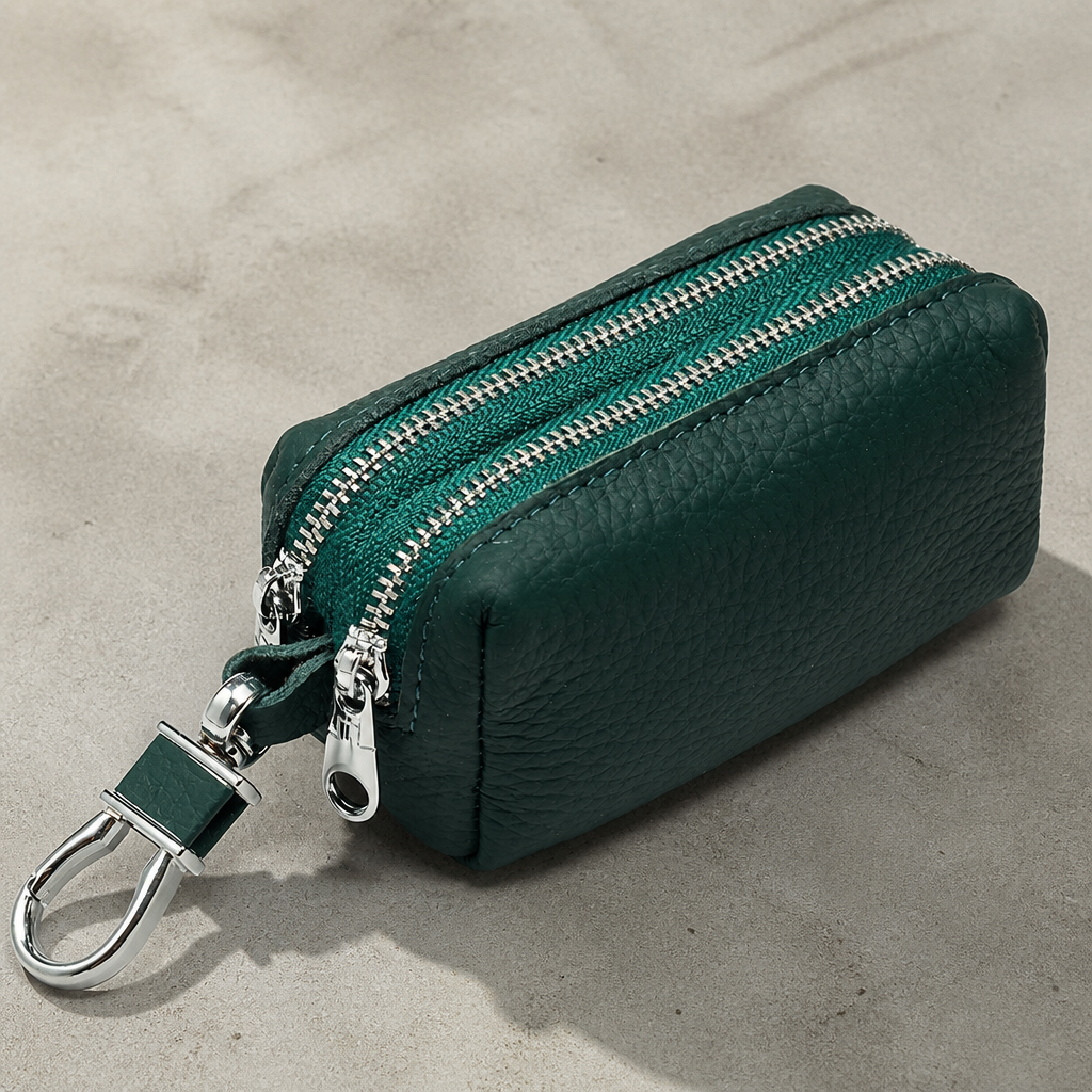 Porte-monnaie homme en cuir vert à double zip