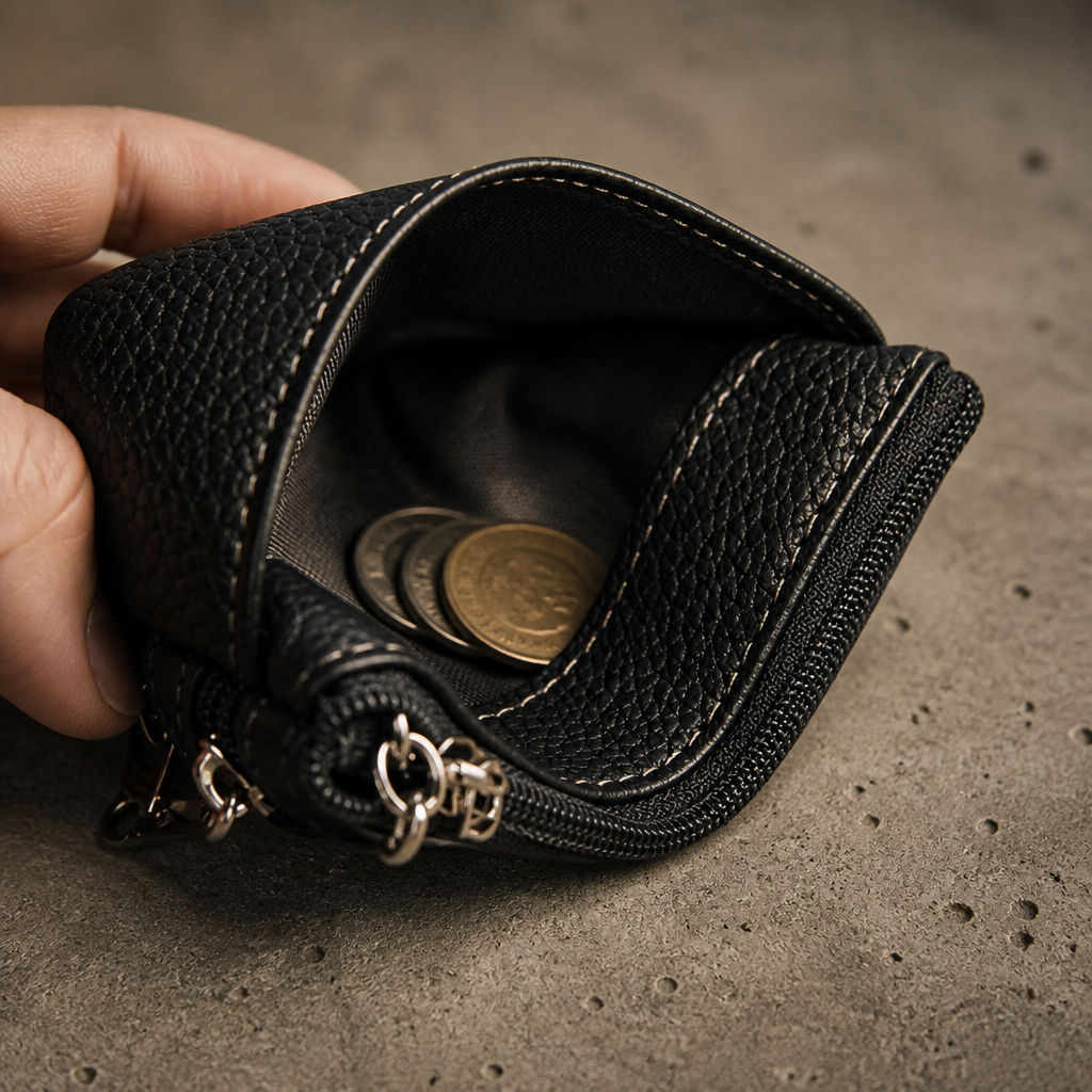 Intérieur du porte-monnaie homme en cuir, doublure textile et compartiment monnaie