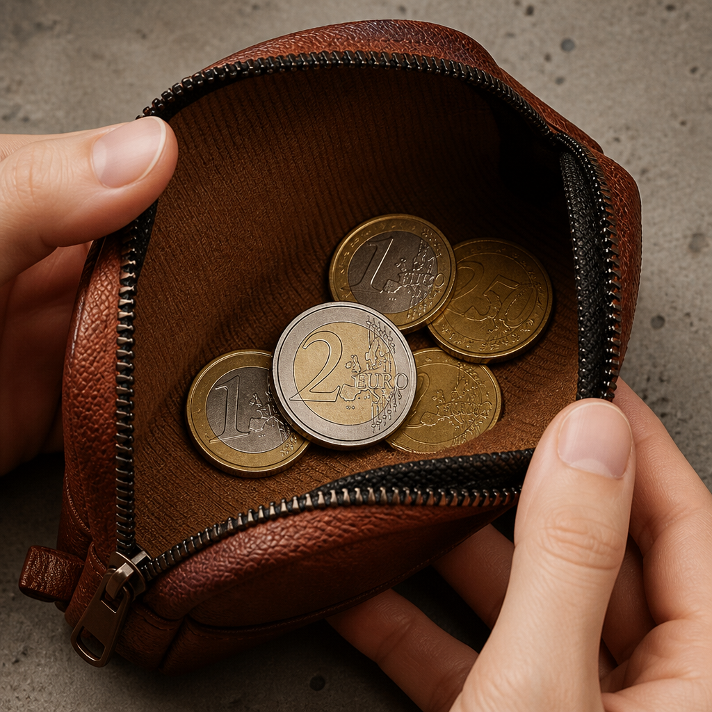 Intérieur du porte-monnaie zippé avec des pièces en euros