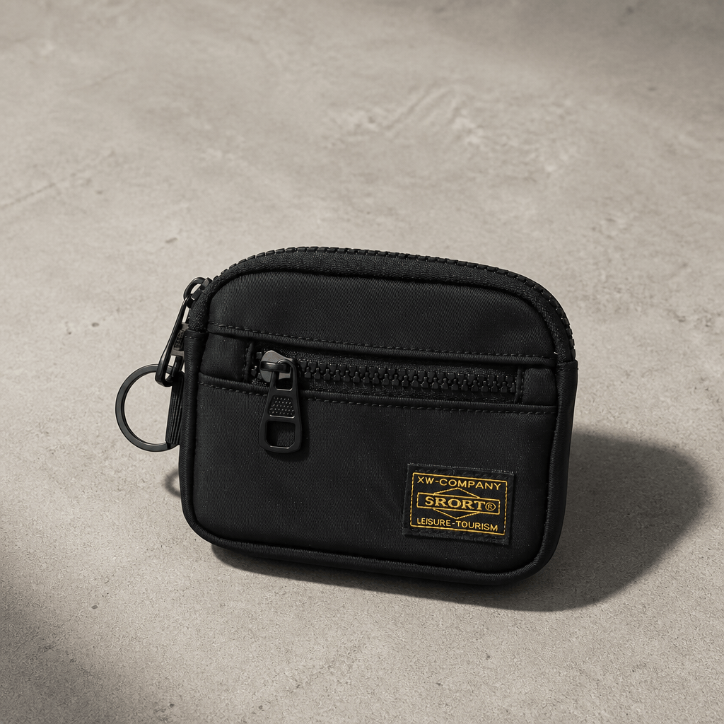 Porte-monnaie homme en tissu noir, compact zippé