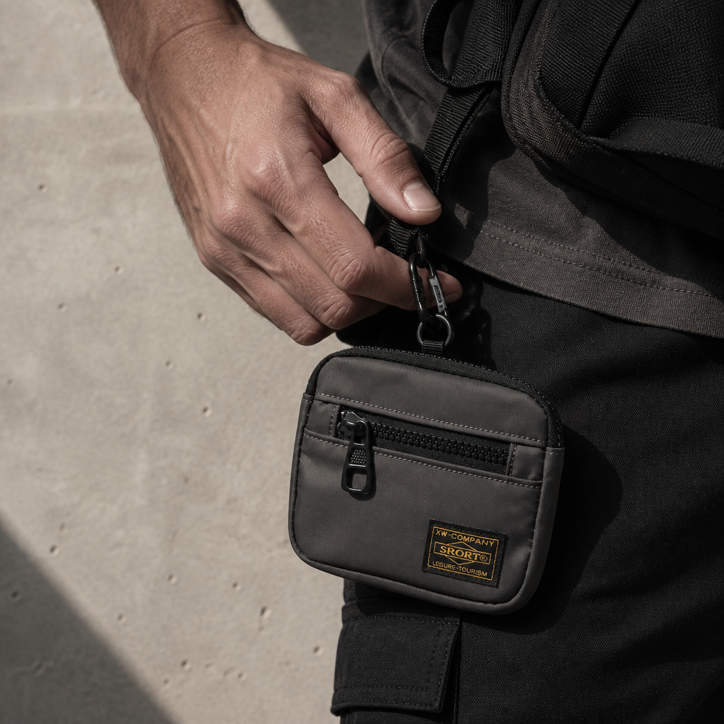 Homme clipsant son porte-monnaie en tissu gris à son sac