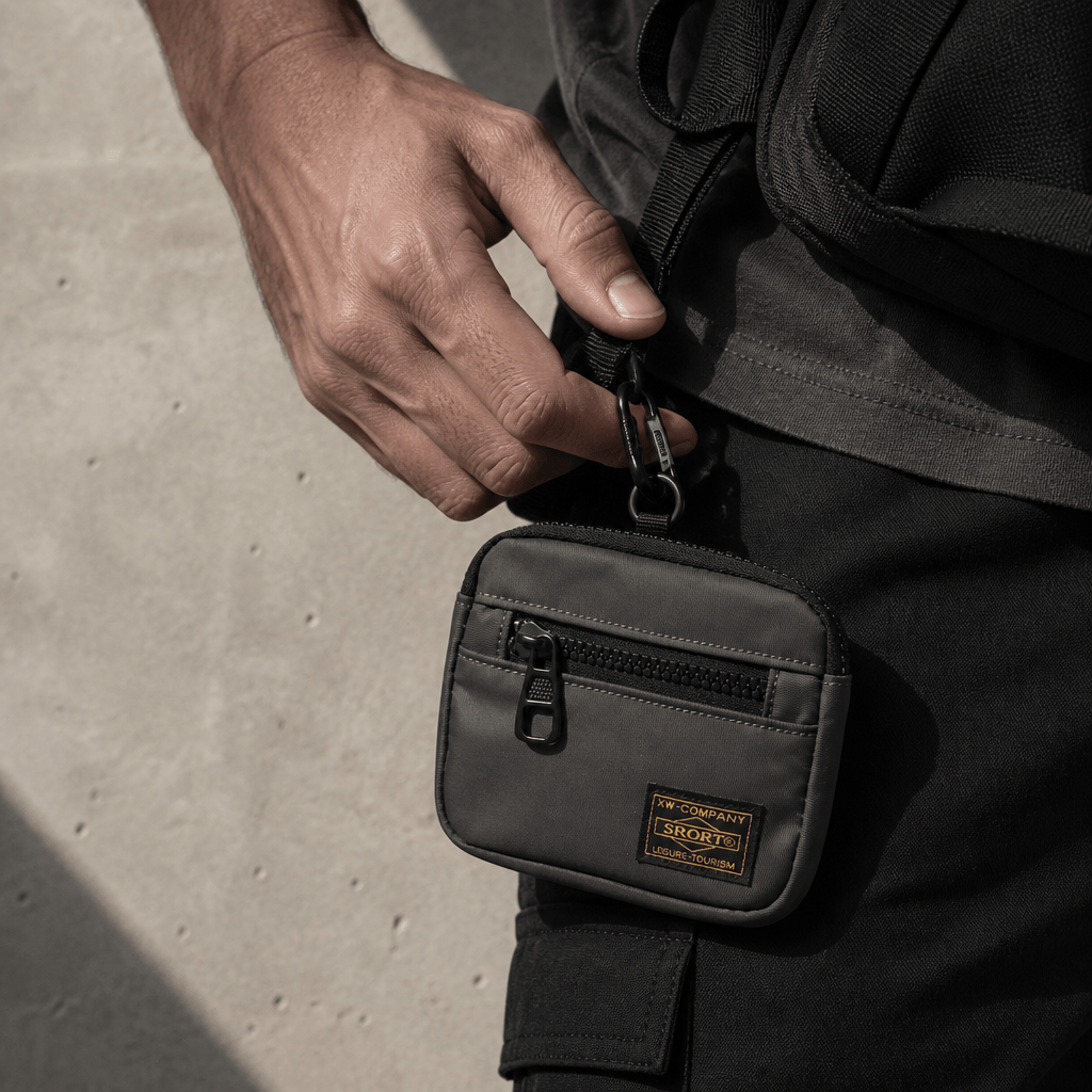 Homme clipsant son porte-monnaie en tissu gris à son sac