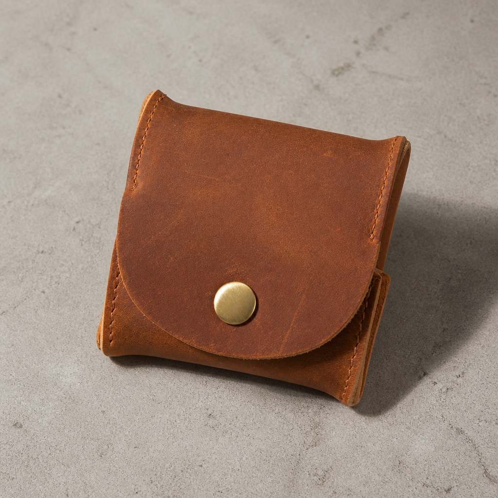 Porte-monnaie japonais en cuir camel, finition crazy horse