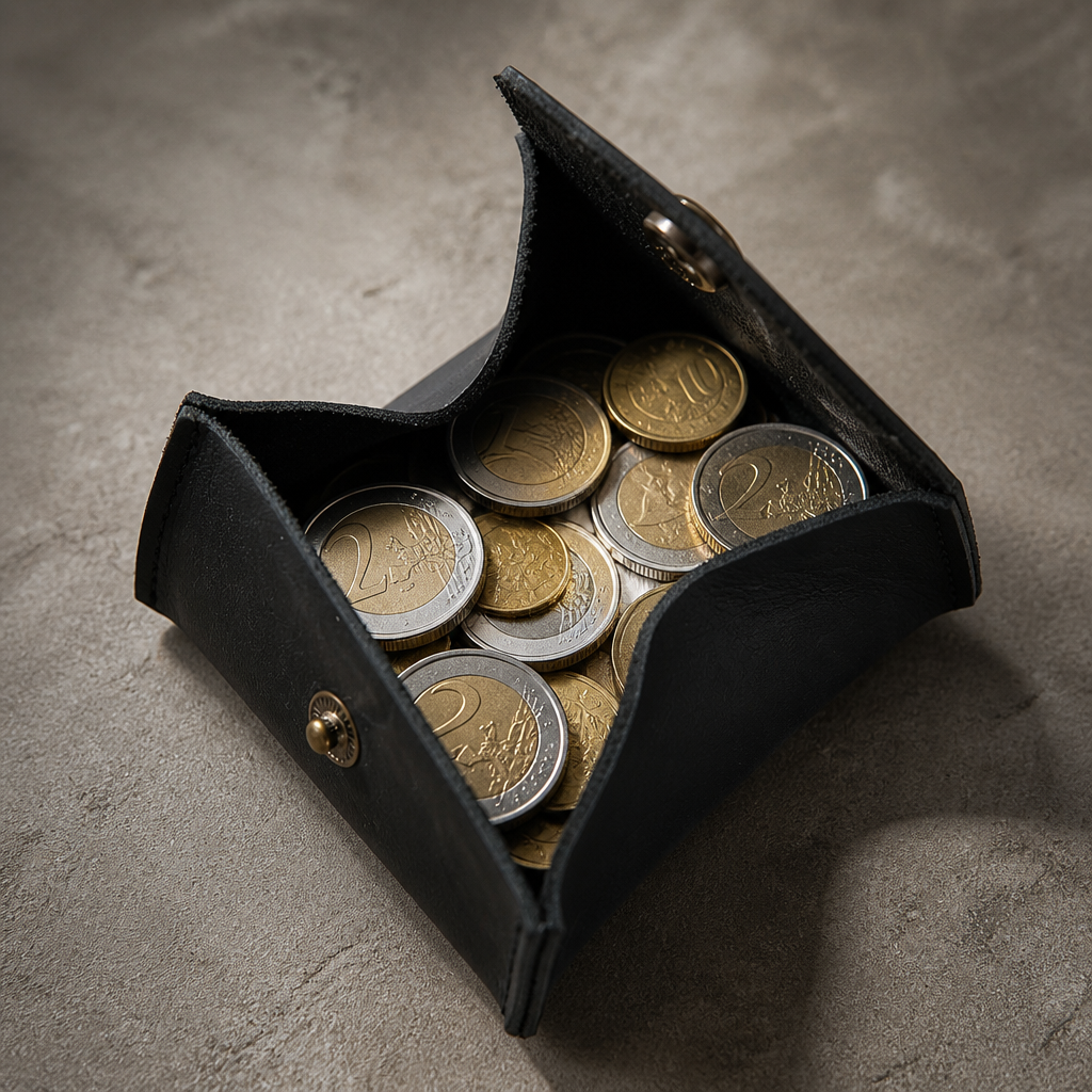 Intérieur du porte-monnaie japonais ouvert en plateau avec des pièces en euros