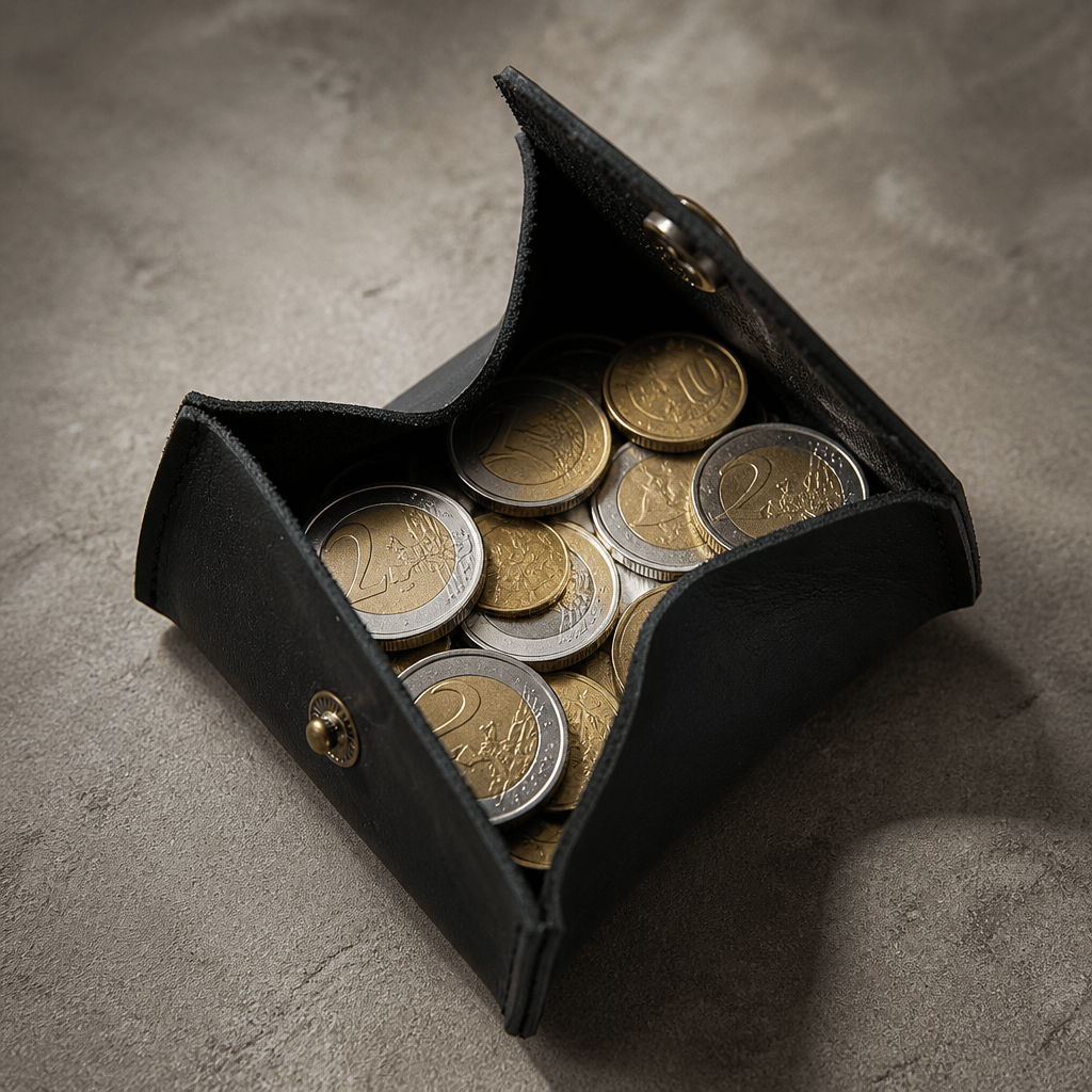 Intérieur du porte-monnaie japonais ouvert en plateau avec des pièces en euros