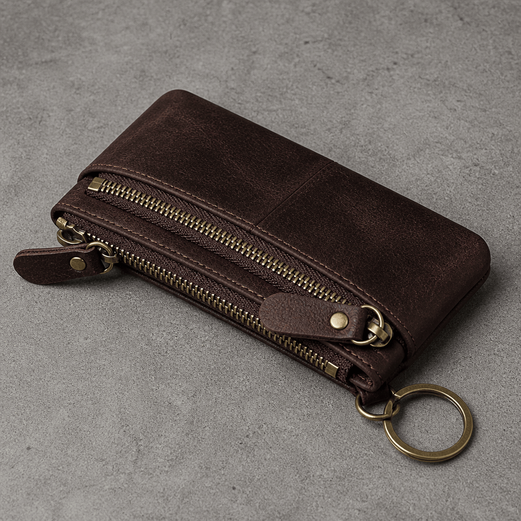 Porte-monnaie long homme en cuir marron, deux zips et anneau porte-clés, vue de face