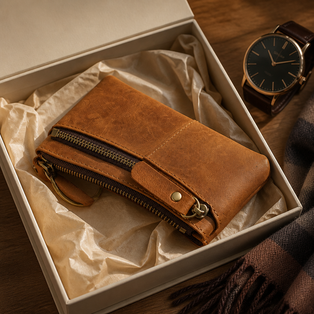 Porte-monnaie long homme en cuir marron présenté en coffret cadeau