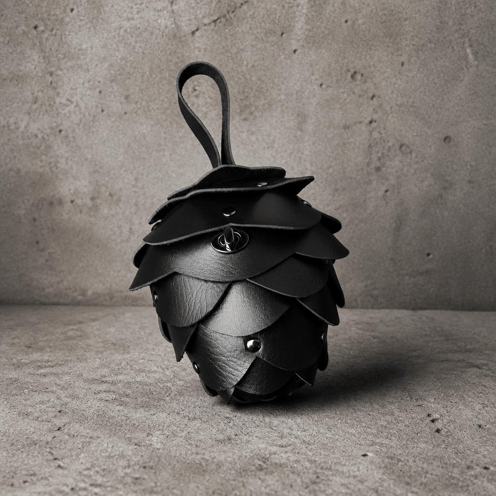 Porte monnaie original homme en forme de pomme de pin noir, similicuir à écailles rivetées