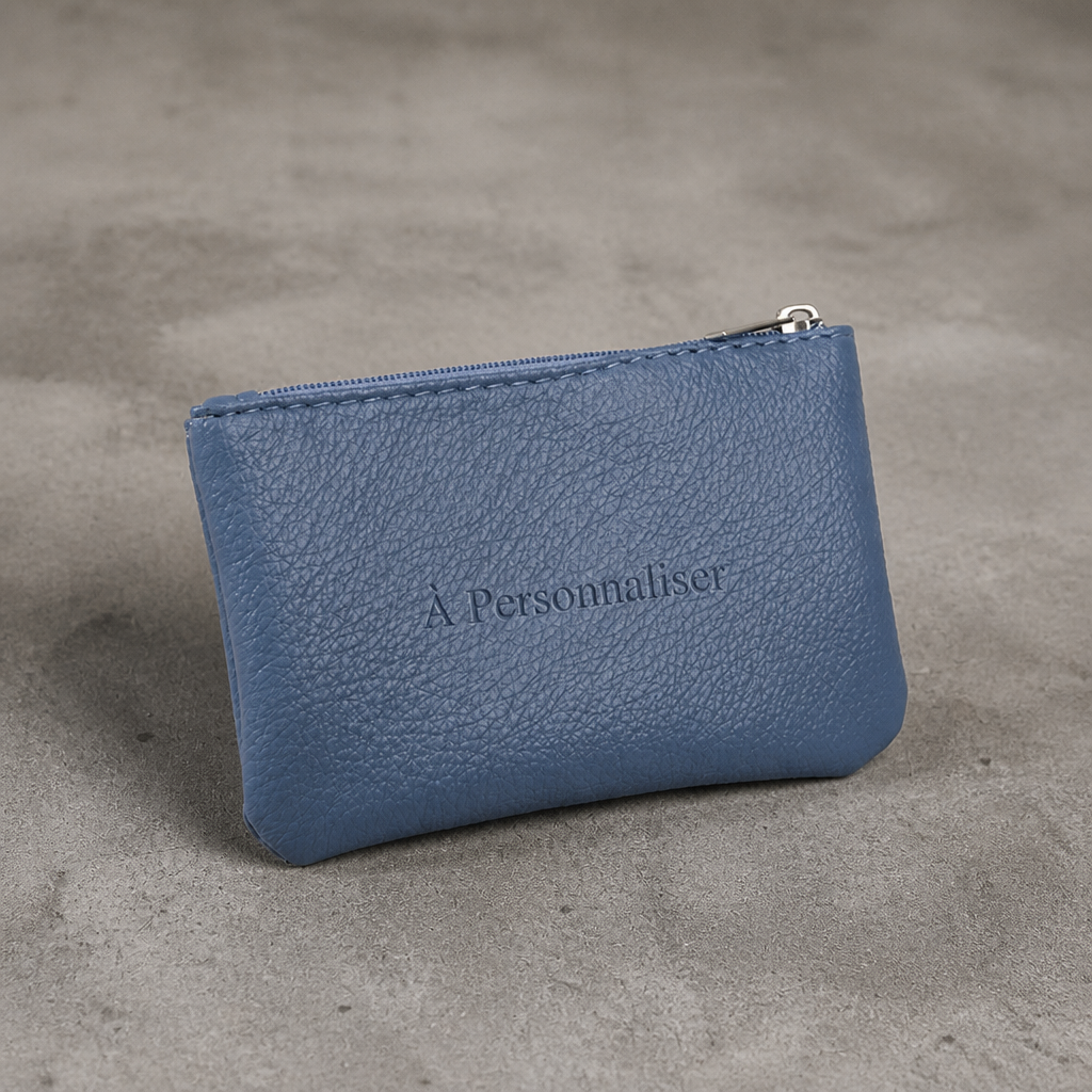 Porte-monnaie personnalisable homme bleu, gravure laser a personnaliser au centre