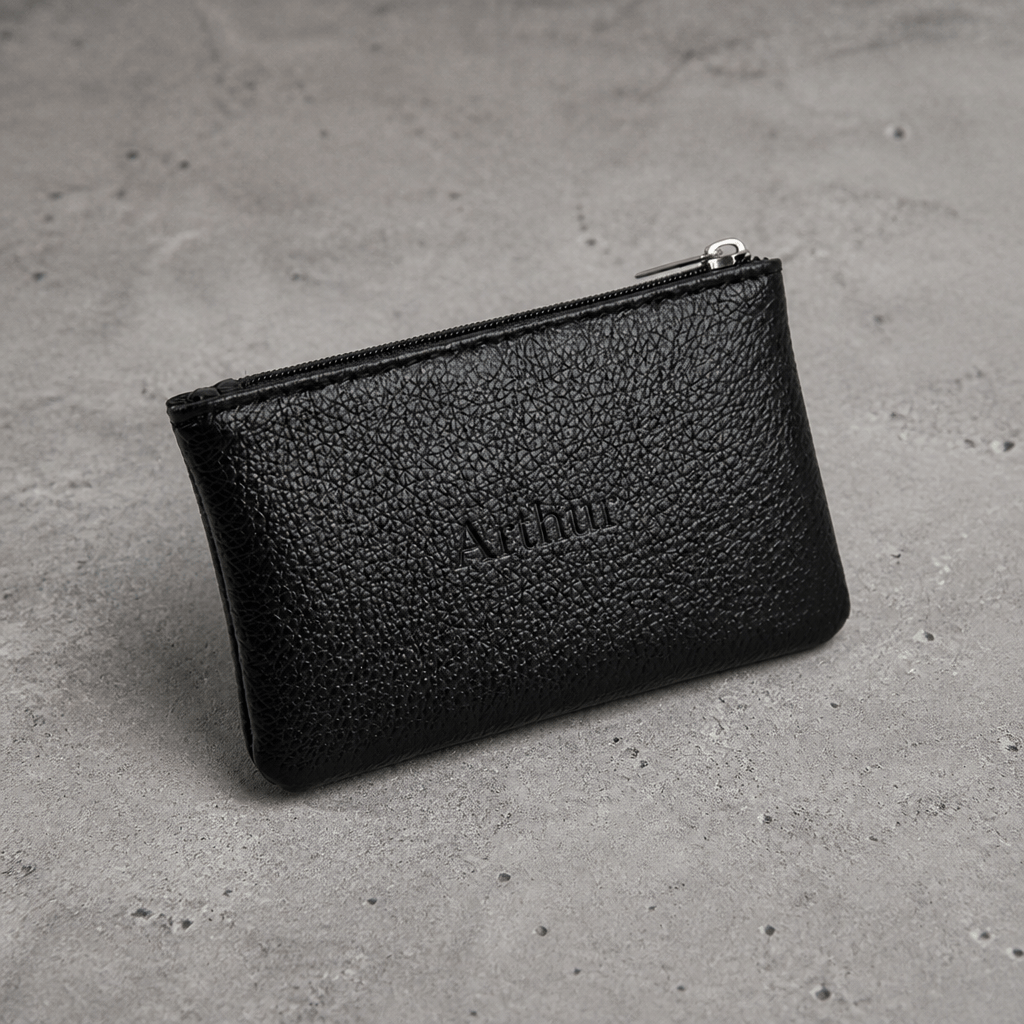 Porte-monnaie personnalisable homme noir, gravure laser Arthur au centre