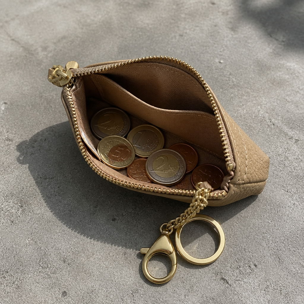Intérieur d'un porte-monnaie en cuir camel avec pièces en euros et centimes