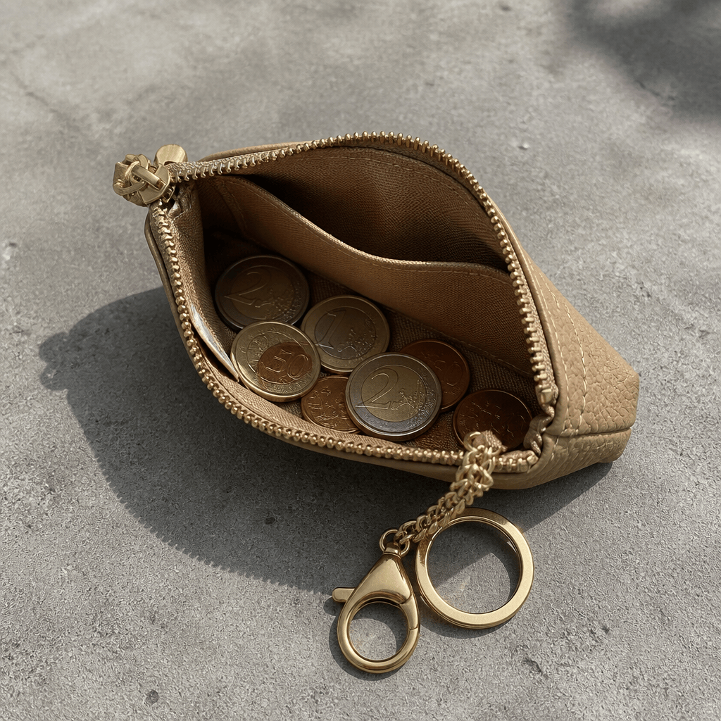 Intérieur d'un porte-monnaie en cuir camel avec pièces en euros et centimes