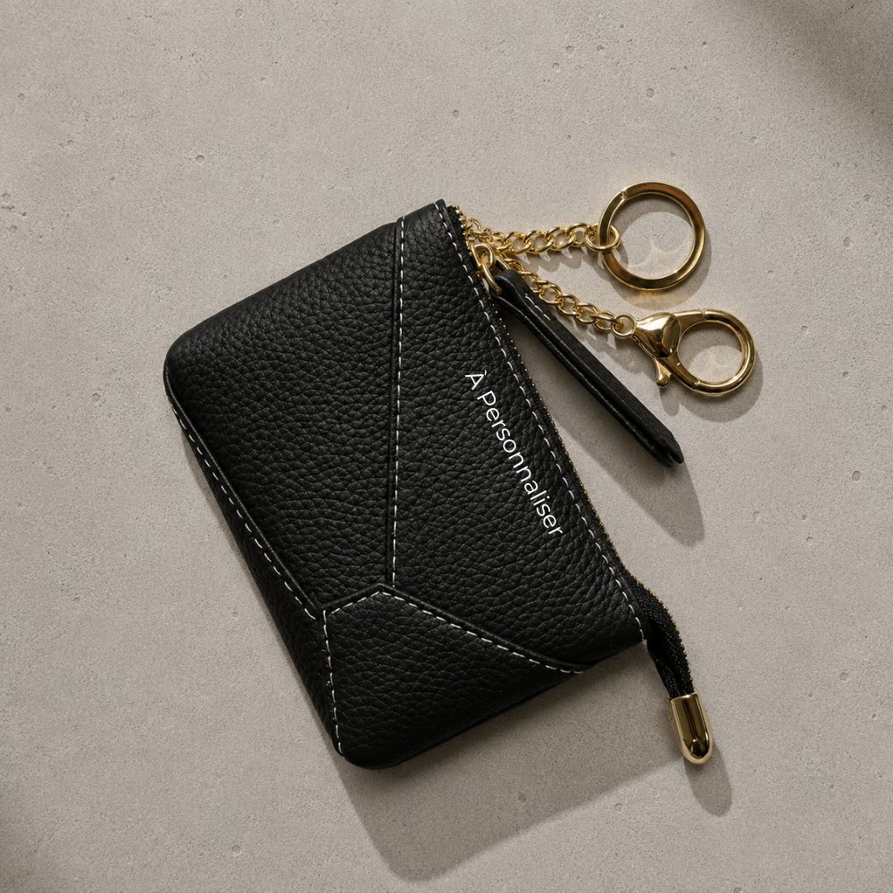 Porte-monnaie personnalisé homme en cuir noir, gravure dorée à personnaliser, chaîne et mousqueton