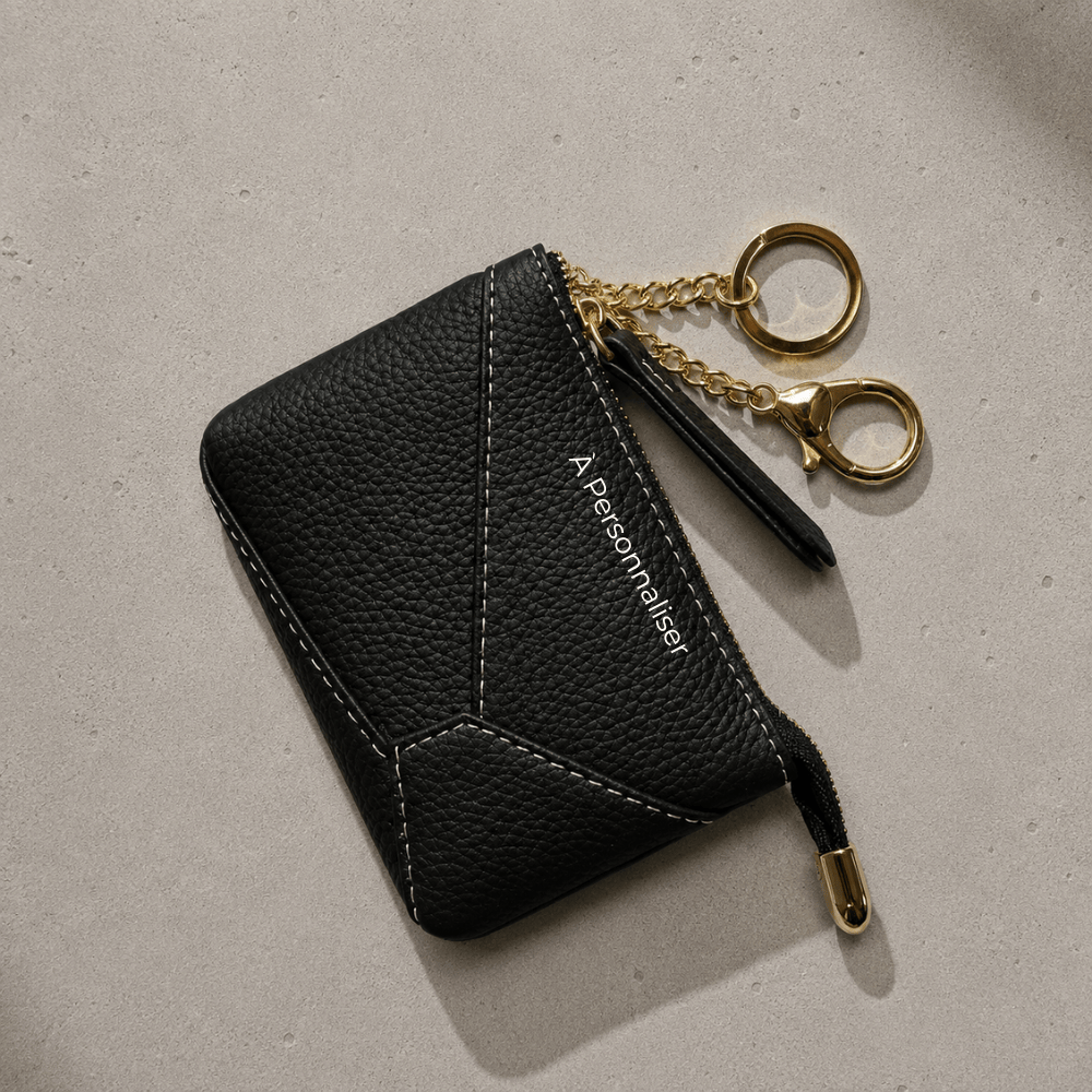 Porte-monnaie personnalisé homme en cuir noir, gravure dorée à personnaliser, chaîne et mousqueton