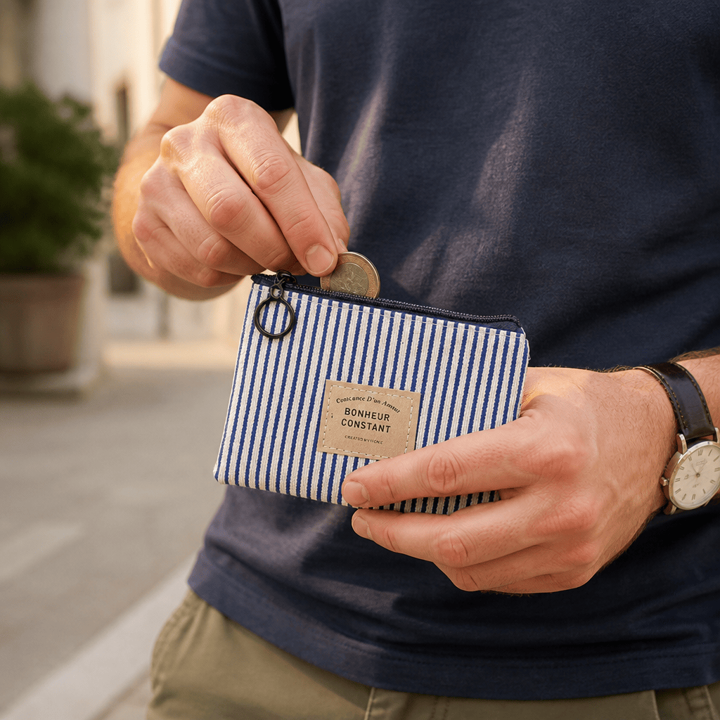 Homme utilisant le porte-monnaie plat en toile rayée bleue au quotidien
