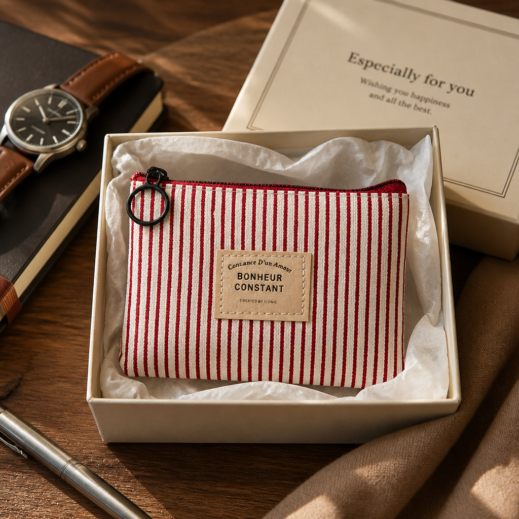 Porte-monnaie plat en toile rayée rouge présenté en coffret cadeau pour homme