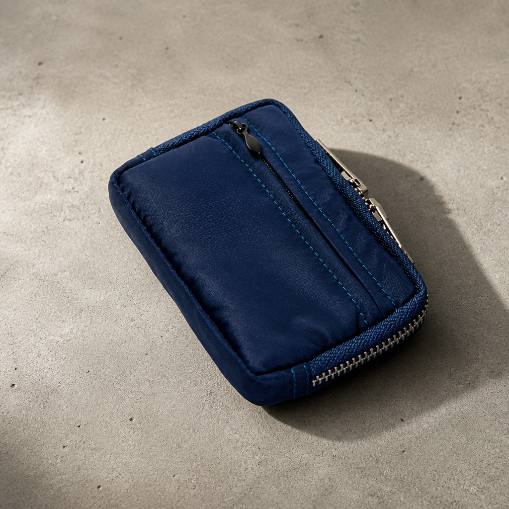 Porte-monnaie homme tissu bleu, double fermeture éclair