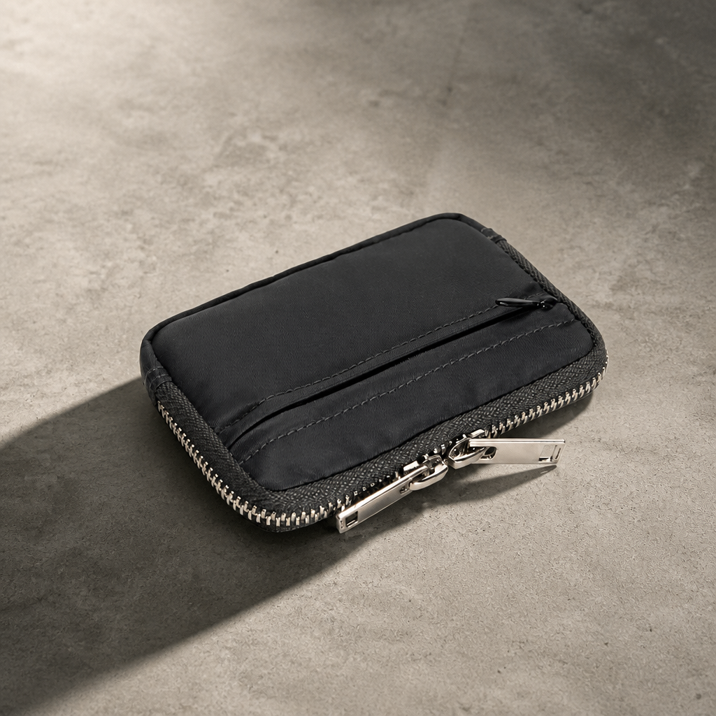 Porte-monnaie porte-carte homme en tissu noir, double zip