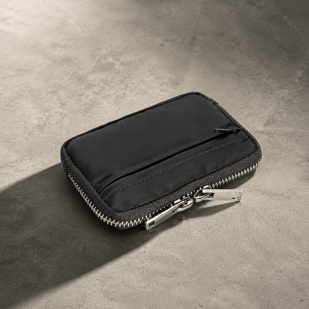 Porte-monnaie porte-carte homme en tissu noir, double zip