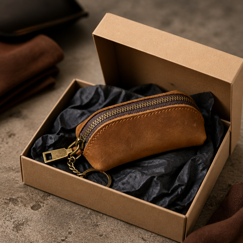 Porte monnaie rétro homme camel présenté dans un coffret cadeau