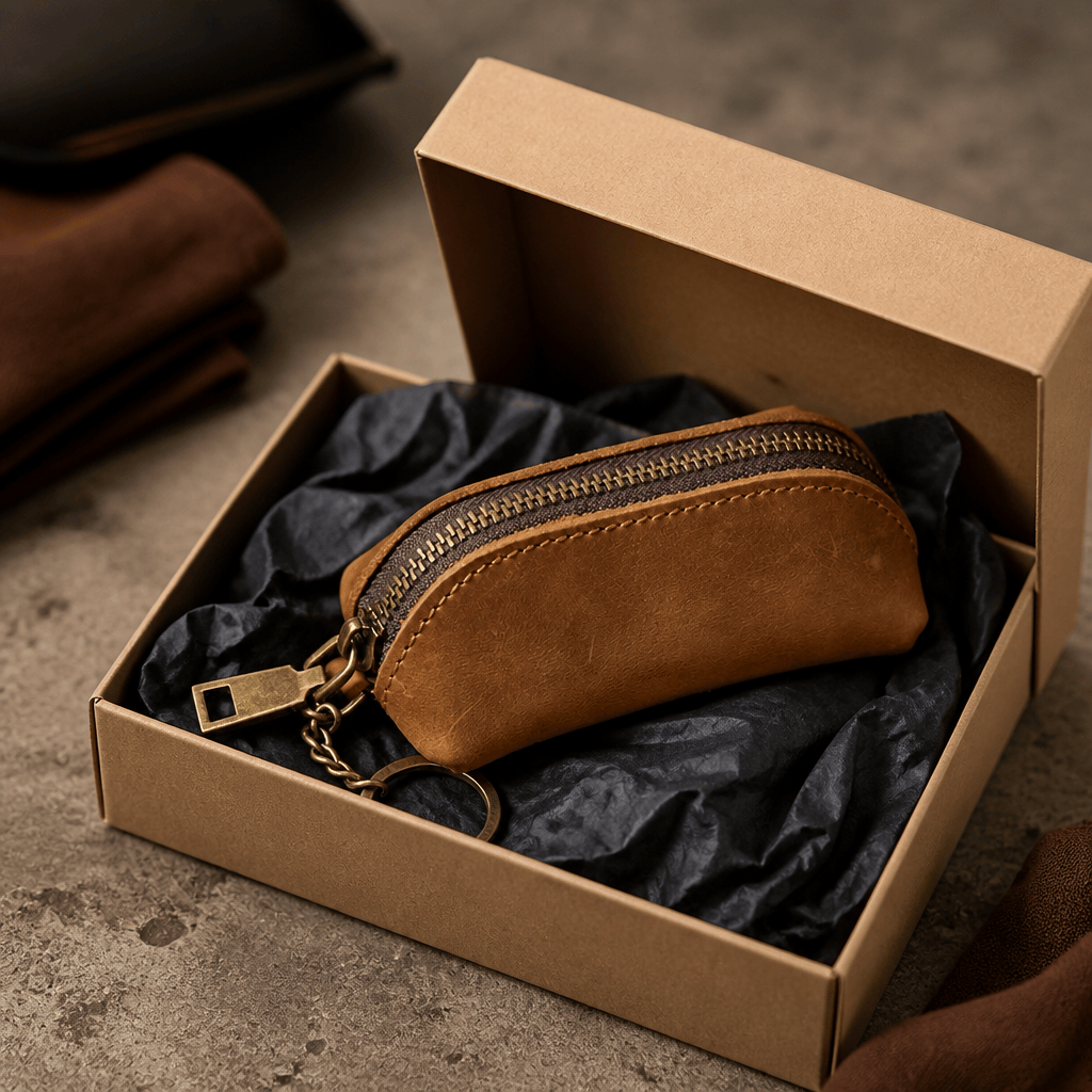Porte monnaie rétro homme camel présenté dans un coffret cadeau