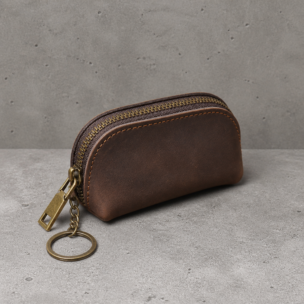 Porte monnaie rétro homme zippé en similicuir marron, aspect vieilli