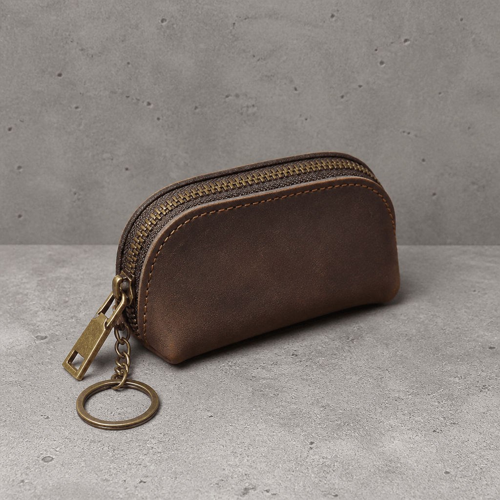Porte monnaie rétro homme zippé en similicuir marron, aspect vieilli