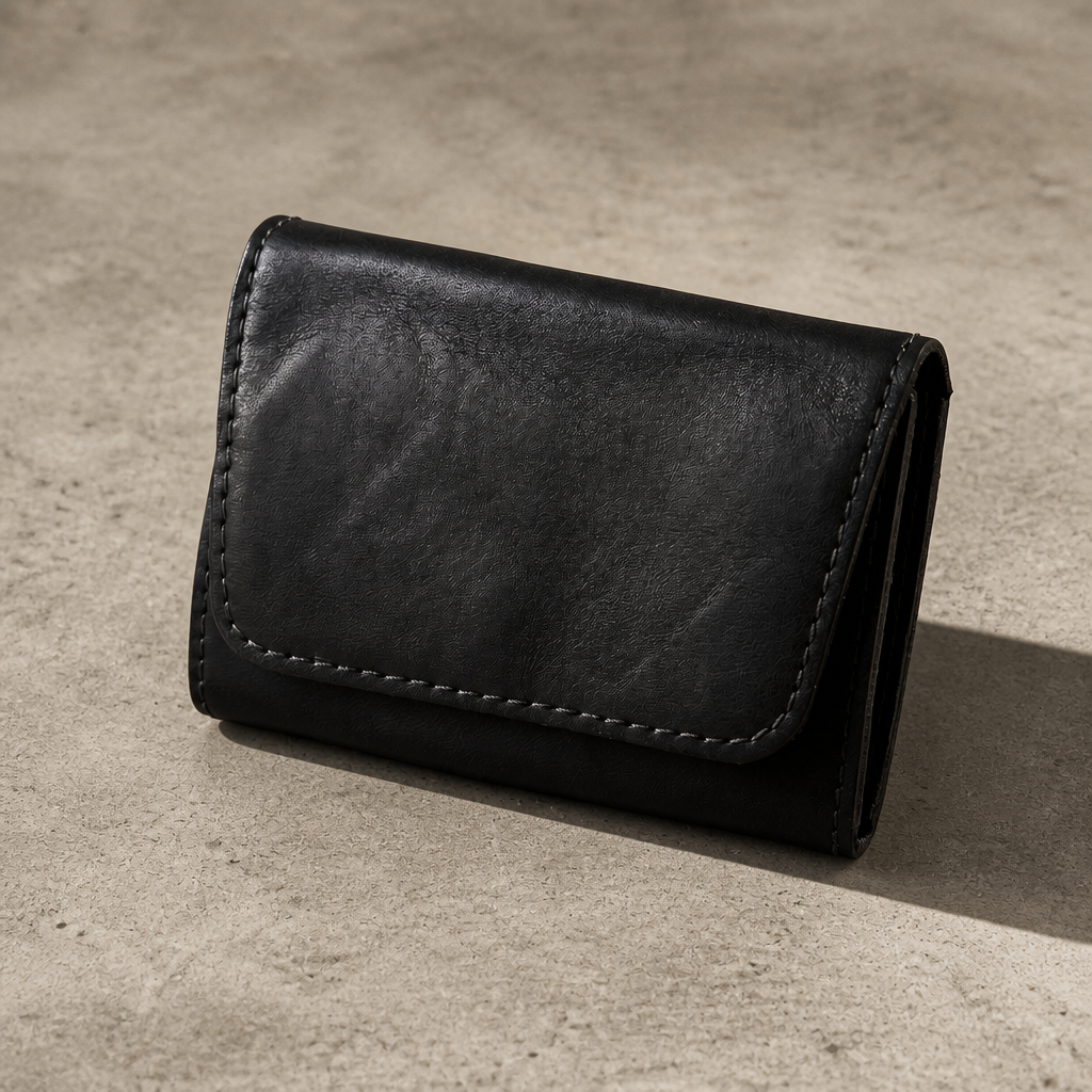 Porte-monnaie vintage homme en cuir noir, rabat bouton-pression