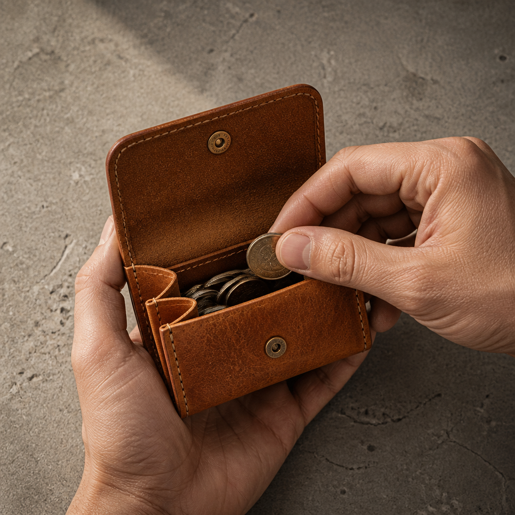 Homme ouvrant son porte-monnaie en cuir pour prendre une pièce