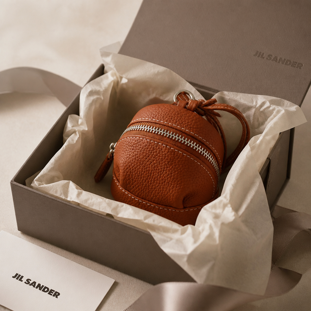 Porte-monnaie rond en cuir marron présenté dans un coffret cadeau