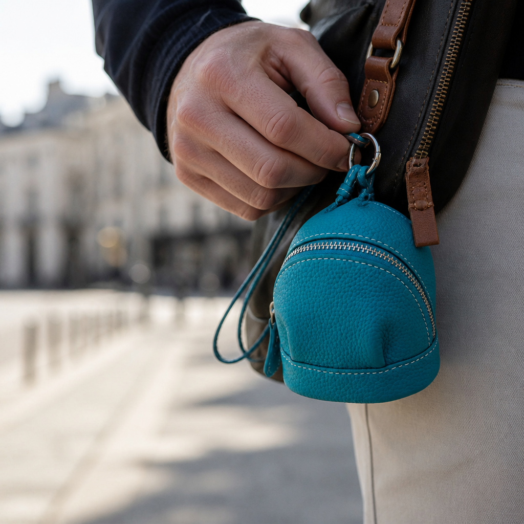 Homme accrochant le porte-monnaie rond en cuir turquoise à son sac