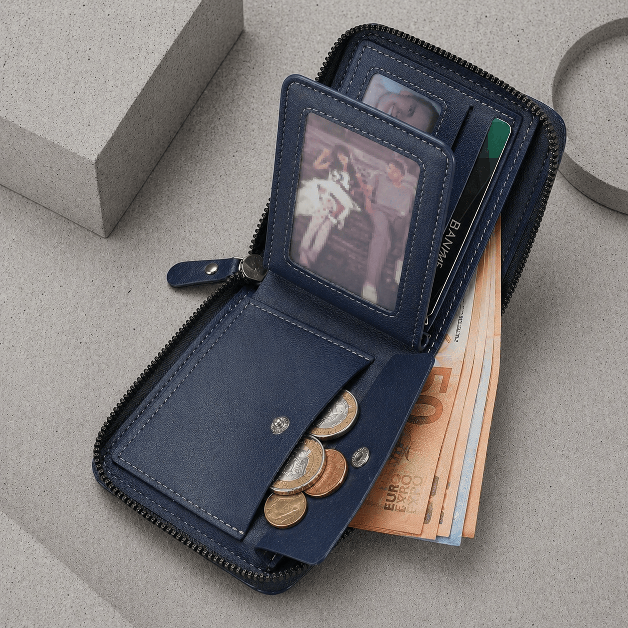portefeuille bifold zippé homme bleu marine billets euros pièces RFID
