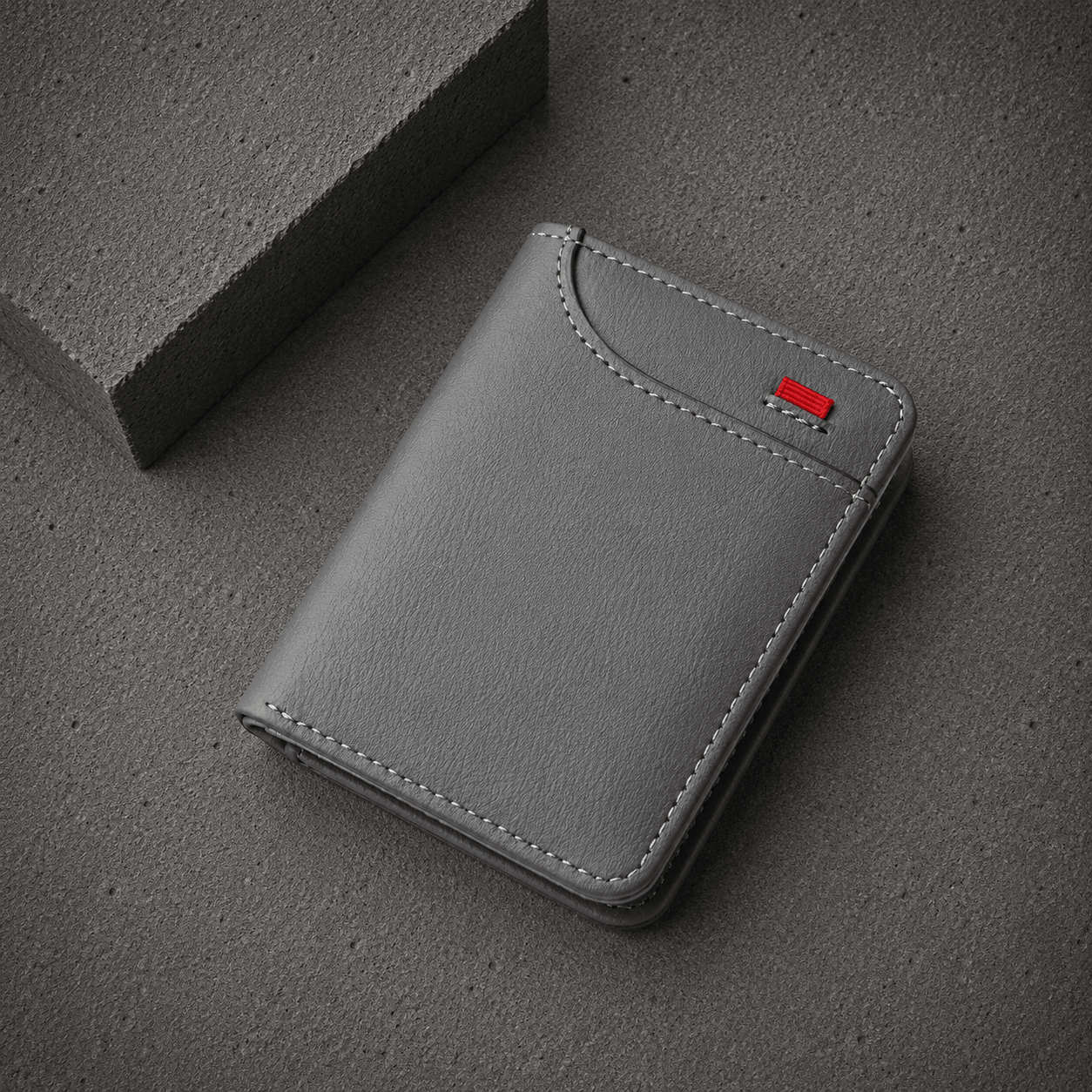 Portefeuille compact homme gris en similicuir 2 volets avec coutures blanches