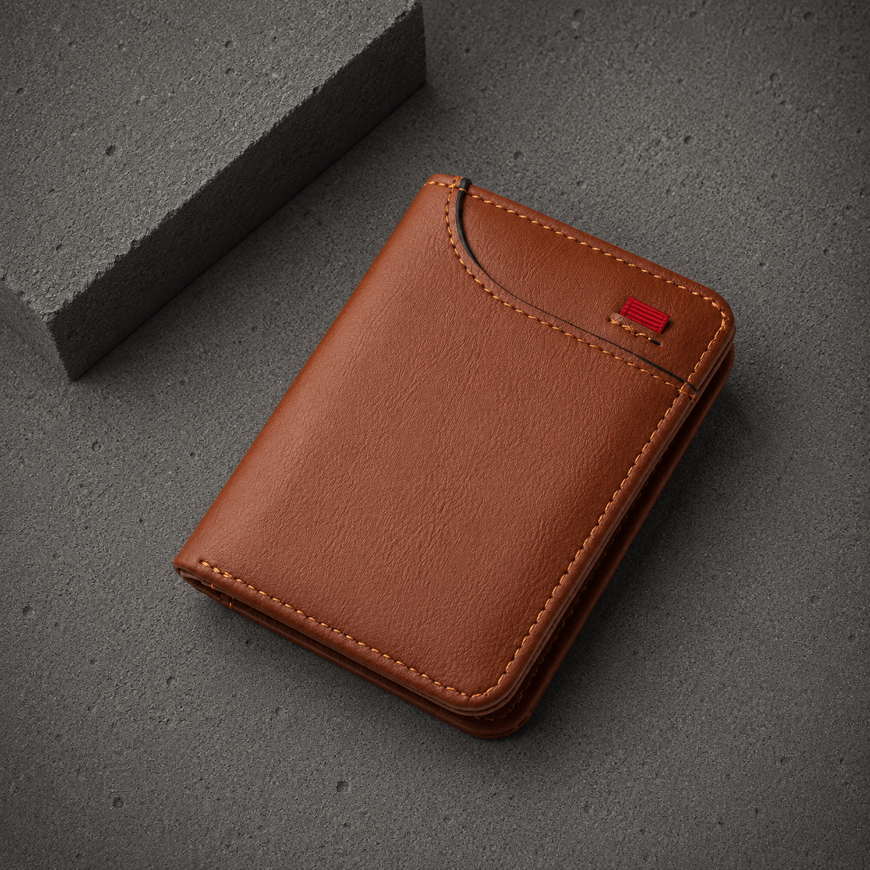 Portefeuille compact homme marron en similicuir avec coutures contrastees orangees