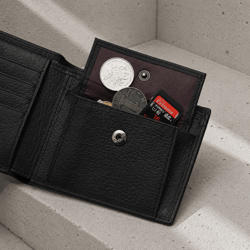 Portefeuille cuir homme, rangement à monnaie à bouton-pression