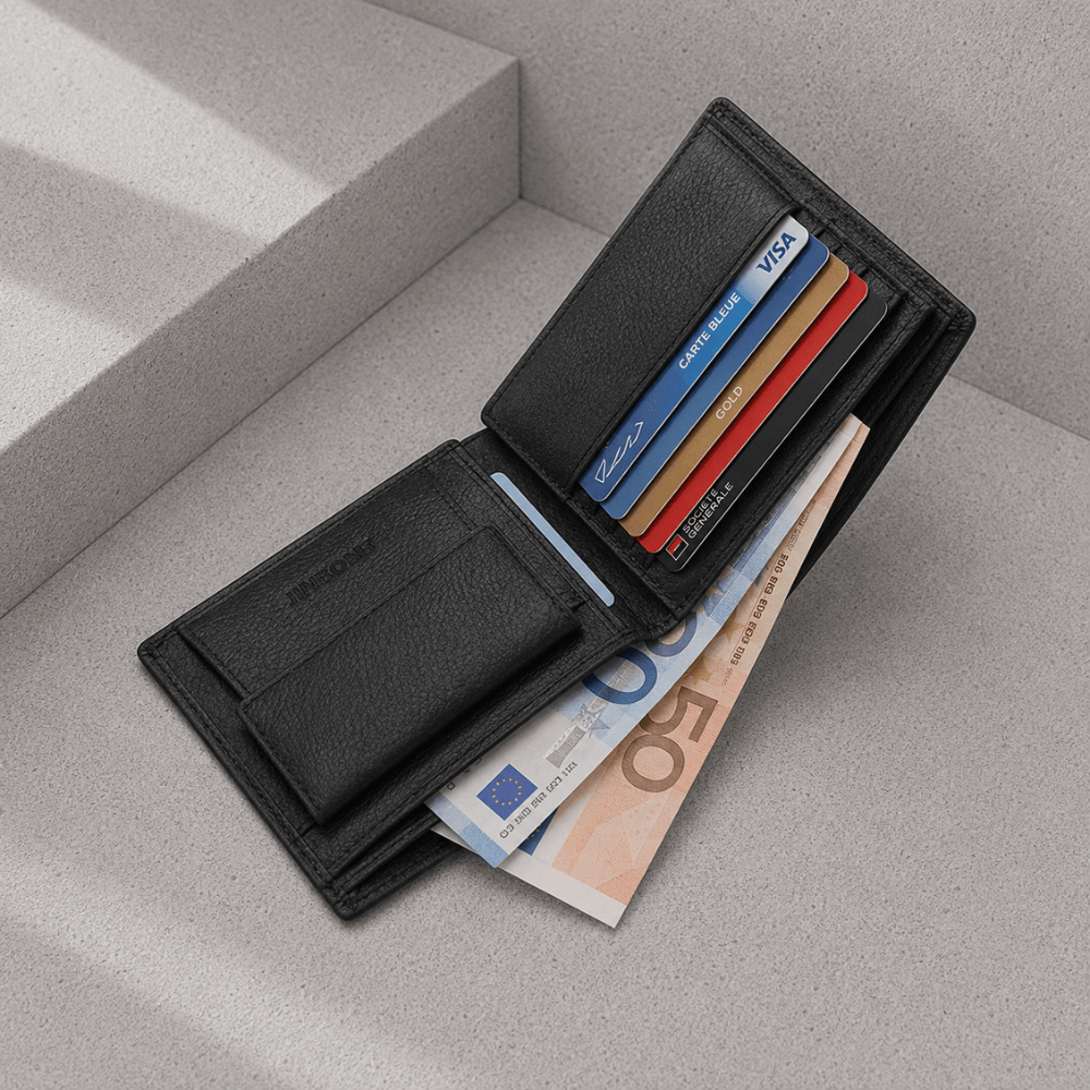 Portefeuille cuir gravé homme, cartes et compartiment billets