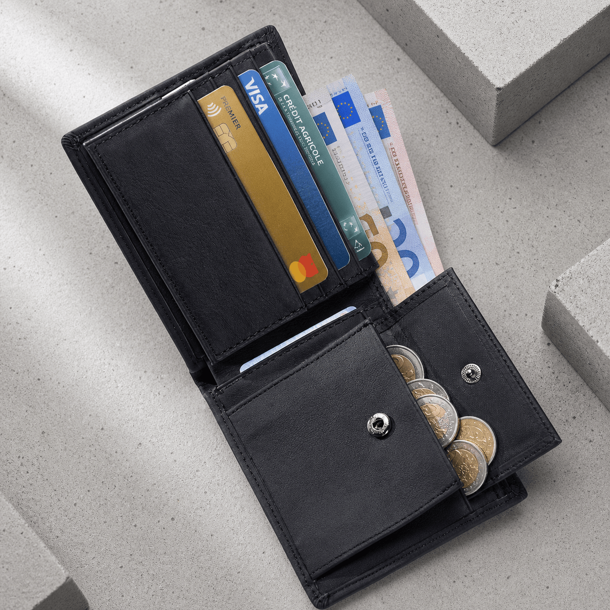 Des Finitions Exemplaires - Portefeuille Homme Noir Cuir Véritable Compact Anti RFID