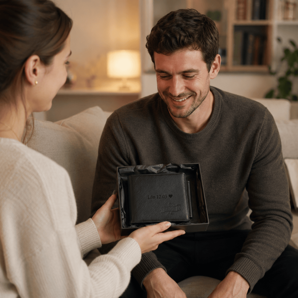 Portefeuille cuir homme personnalisé noir gravé, offert en coffret cadeau