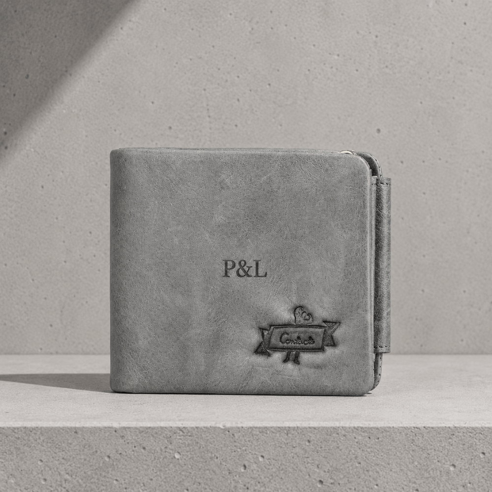 Portefeuille homme gris en cuir véritable gravé, compact