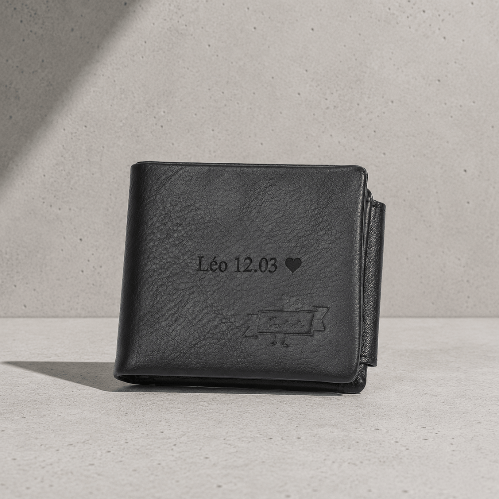 Portefeuille cuir homme personnalisé noir gravé d'un message au choix