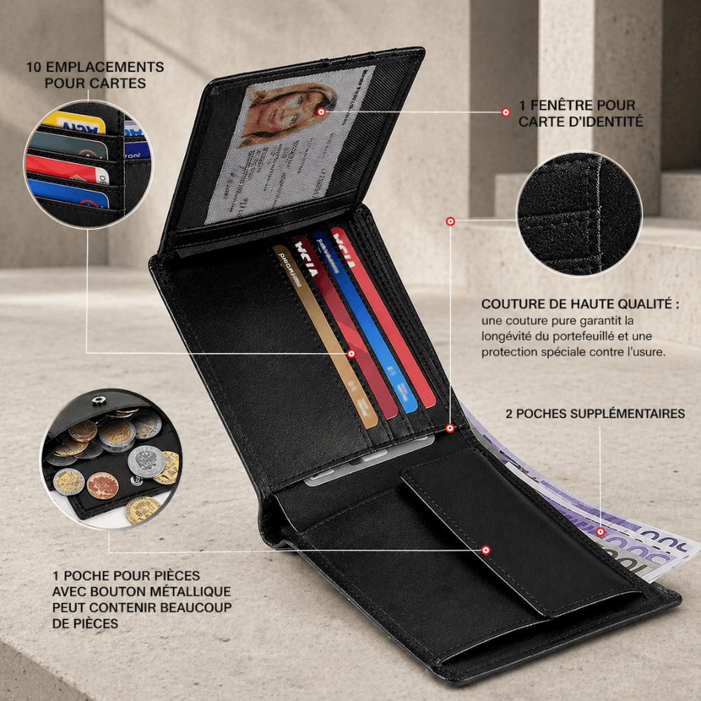 portefeuille cuir homme slim 10 cartes fenêtre identité caractéristiques