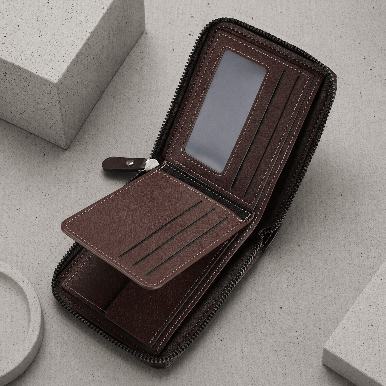 portefeuille homme bifold similicuir marron foncé intérieur 8 cartes fenêtre ID