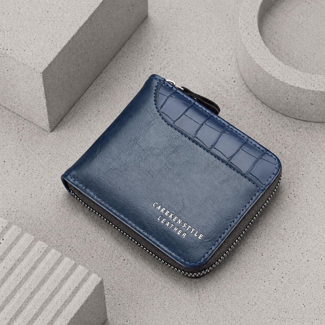 portefeuille homme crocodile similicuir bleu marine bifold zippé