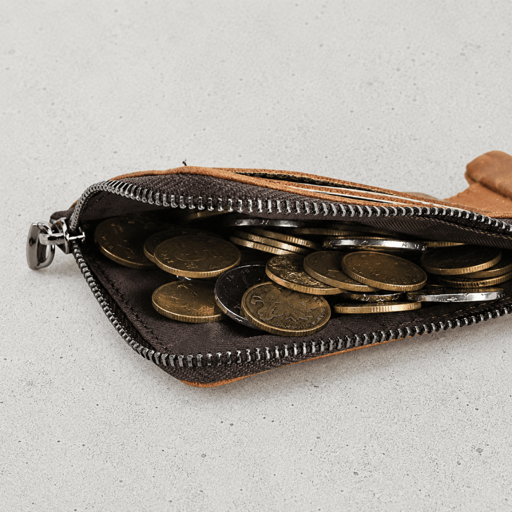 Portefeuille homme cuir véritable, compartiment monnaie zippé ouvert