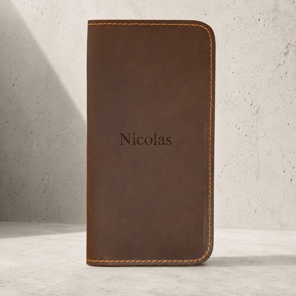Portefeuille homme cuir personnalisé marron gravé, format long