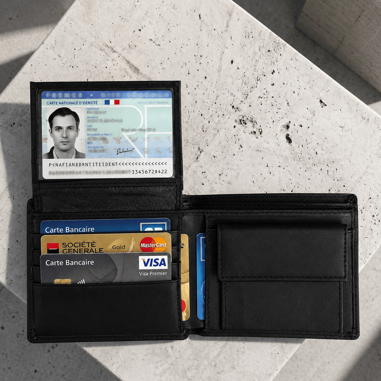 portefeuille homme cuir véritable noir fenêtre identité carte CNI cartes bancaires